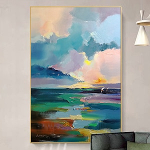 Original ocean wall art abstract acrylic sunrise Painting on canvas custom Ocean painting for living room home wall decor personalized gift