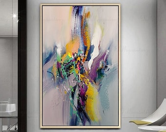 Purple Abstract Painting on Canvas, Textured Gray Orange Wall Art