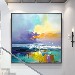 Abstract landscape painting wall art pictures for living room wall decor home decoration Original acrylic art blue orange texture seascape