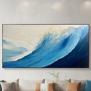 Grande dipinto astratto su tela con cornice, pittura murale acrilica per soggiorno. Xingmai dipinto blu beige, arte murale, texture 3D, opera d&#39;arte dell&#39;oceano