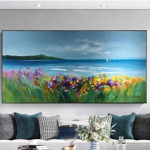 Abstract schilderij groen ingelijste acrylbloem op canvas muurkunst voor woonkamer muur decor thuis dikke textuur landschap roze blauw kunstwerk