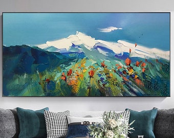 Textured Abstract Landscape Painting, Navy Blue Wall Art, Framed Canvas wall decor home office