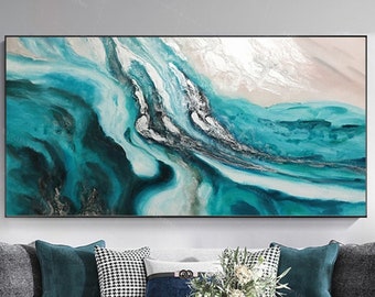 Original Abstract Acrylic Painting, Green Silver Wall Art, Framed Canvas wall decor home office