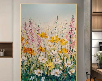 Peinture florale empâtement | Art mural de fleurs texturées colorées | Toile de peinture épaisse | Décoration d'intérieur faite main