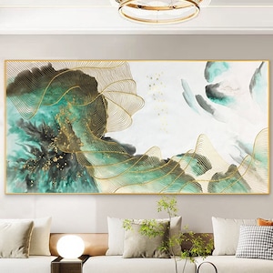 Acryl Grün abstrakte Malerei auf Leinwand Acryl-Wandbild für Wohnzimmer xingmai gerahmte Malerei Originale Wandkunst Goldlinien Kunst