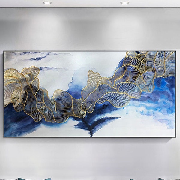 Pintura acrílica azul marino con líneas doradas texturizadas, arte abstracto moderno en lienzo para decoración del hogar u oficina.