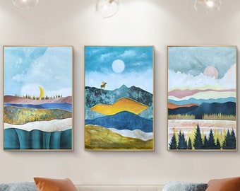 Abstract Mountain Landscape Painting Set, Blue & Gold Acrylic Canvas Art