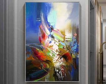 Marineblauw abstract acrylschilderij op canvas, dikke textuurkunst