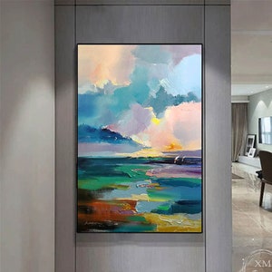 Original abstract Painting on canvas framed acrylic painting for living room Xingmai painting Sunrise painting textured pink Ocean wall art