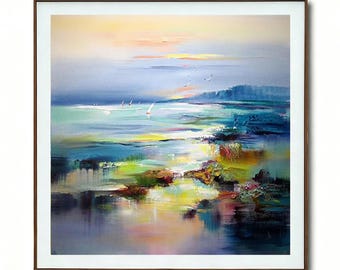 May include: An oil painting of a seascape with a sunset. The artwork features a vibrant display of colors, including blues, greens, yellows, and oranges. Sailboats and birds are visible in the distance. The painting is framed in a brown wooden frame.