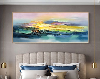 Abstract painting on canvas pink blue wall art framed for living room bedroom home decor gold blue acrylic seascape thick texture artwork