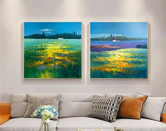 2 pieces acrylic abstract Painting on canvas framed wall art living room art Xingmai flowers painting 3D texture green original wall decor