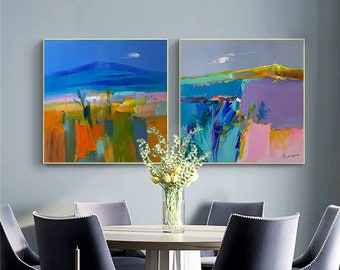 2 pieces abstract Painting on canvas framed  acrylic painting wall art living room art Xingmai painting 3D texture green original wall decor