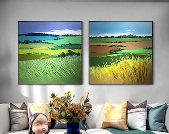 2 pieces acrylic abstract Painting on canvas framed wall art living room art Xingmai flowers painting 3D texture green original wall decor