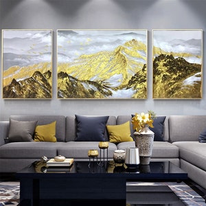 3 pieces gold art abstract painting on canvas framed wall art for living room acrylic painting original mountain wall decor xingmai painting