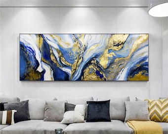 Gold leaf acrylic abstract painting on canvas framed wall art painting living room art original Xingmai painting navy blue gold texture art