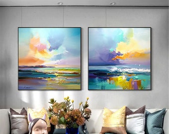 2 pieces original acrylic abstract Painting on canvas framed wall painting for living room Xingmai painting Sunrise texture blue wall art