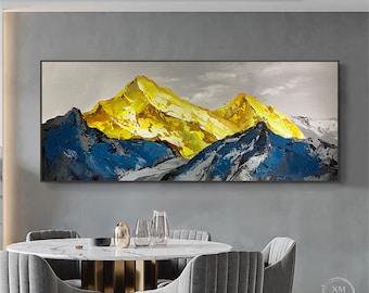 Gold acrylic mountains abstract painting canvas wall art pictures for living room wall decor bedroom grey yellow texture landscape artwork