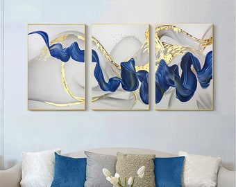 3 pieces gold leaf abstract painting on canvas wall decor navy blue wall art for living room bedroom office handmade acrylic modern art