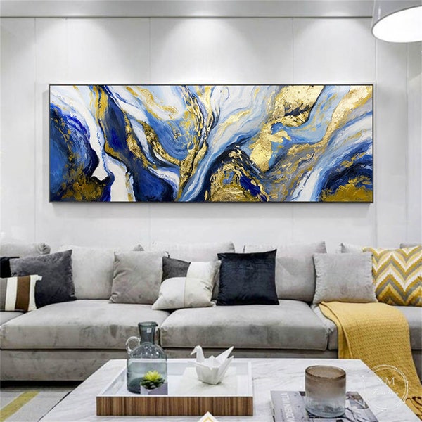 Gold leaf acrylic abstract painting on canvas framed wall art painting living room art original Xingmai painting navy blue gold texture art