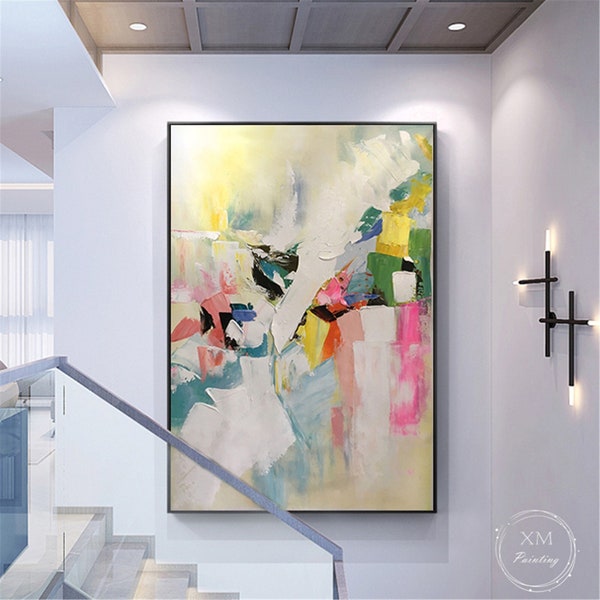 Pink Acrylic painting Abstract painting on canvas framed wall painting for living room Xingmai painting blue yellow wall art 3D textured art