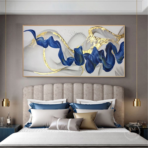 Gold leaf abstract painting on canvas framed wall painting for living room acrylic xingmai painting navy blue and gold wall art  wall decor