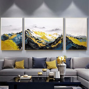 3 pieces original abstract painting acrylic painting on canvas framed wall art living room home blue yellow 3Dtexture mountain wall decor