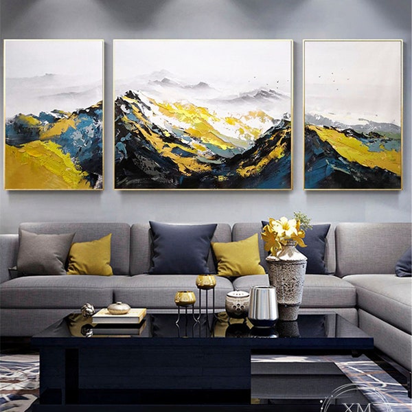 3 Piece Abstract Mountains Painting,acrylic Gold mountains,Framed Canvas living room Wall Art