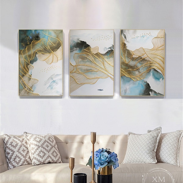 3 pieces Original Acrylic painting on canvas framed Abstract painting Xingmai wall painting for living room Gold line blue and gold wall art