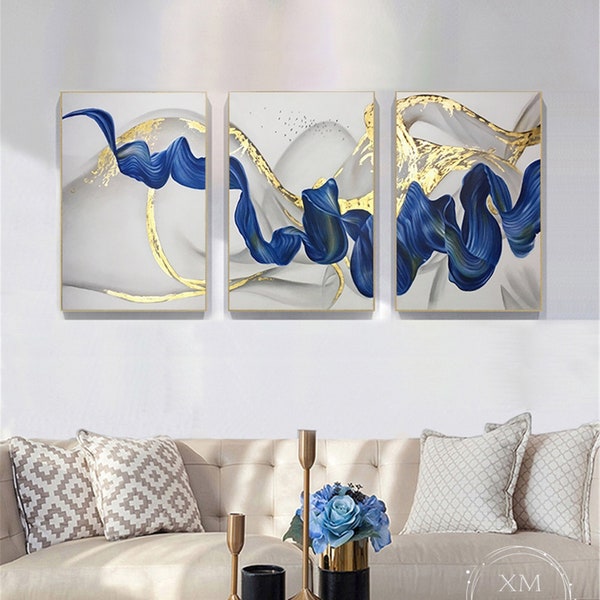 3 pieces gold leaf abstract painting on canvas framed acrylic painting navy blue wall art for living room art gold art xingmai wall painting