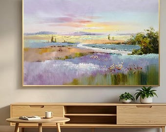Pintura abstracta original de paisaje, obra de arte con textura acrílica púrpura para decoración de paredes en el hogar y la oficina.