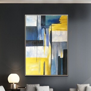 Gold art abstract painting on canvas acrylic painting framed wall art for living room hallway home wall decor gold blue Original wall art