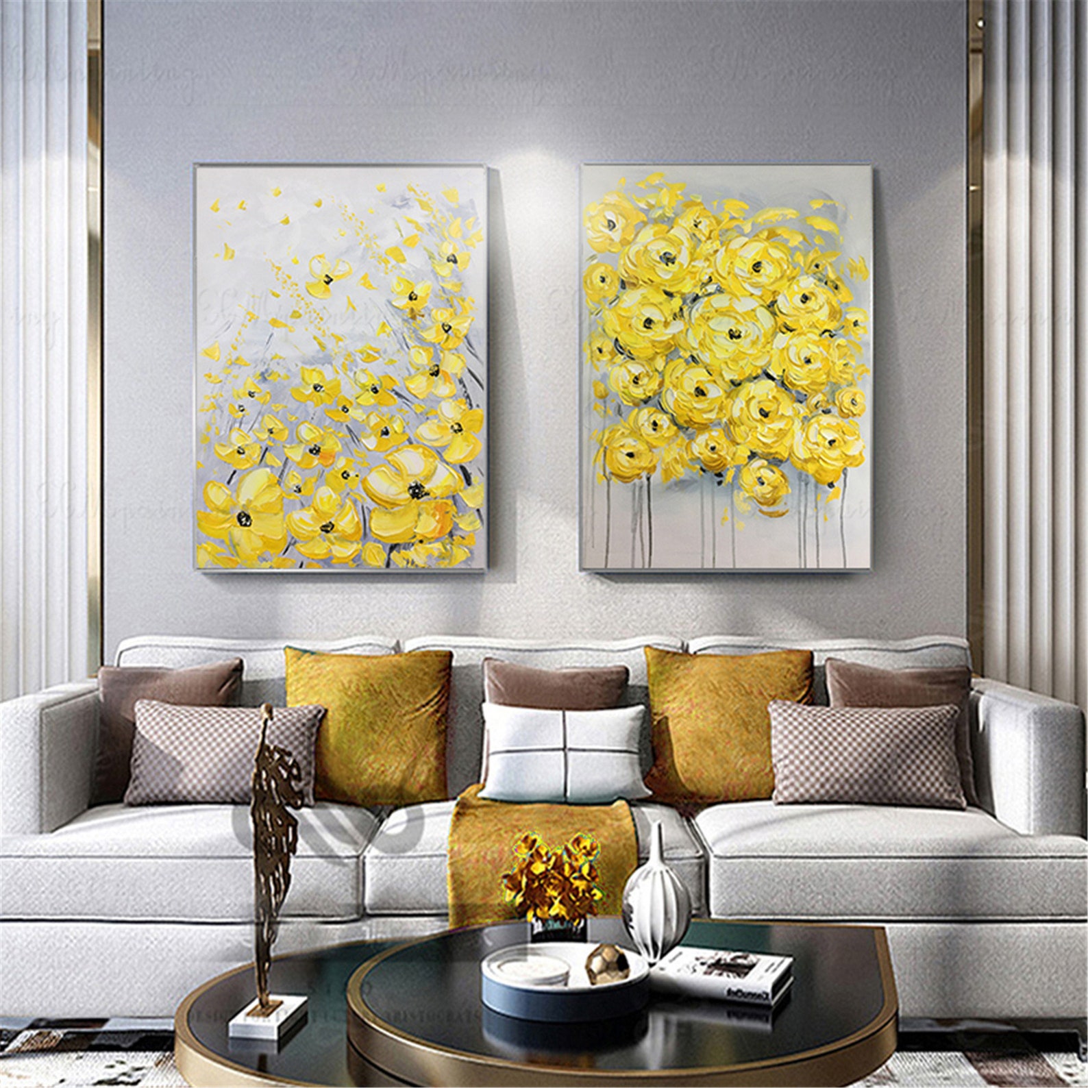 2 Pieces Yellow Flower Framed Abstract Painting Canvas Wall Etsy