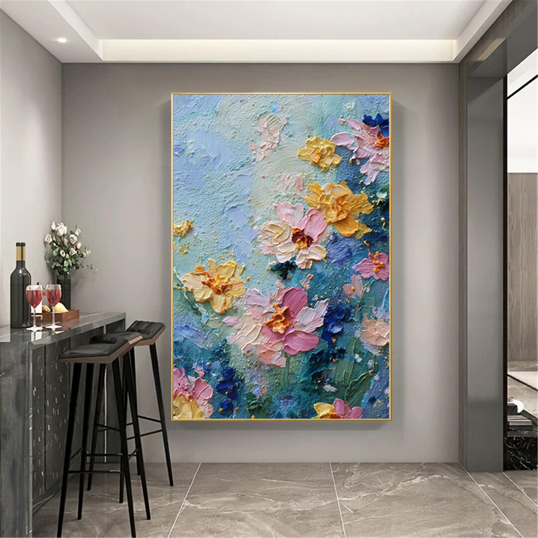 3D Textured Floral Painting, Palette Knife Acrylic Art Iving Room Home ...