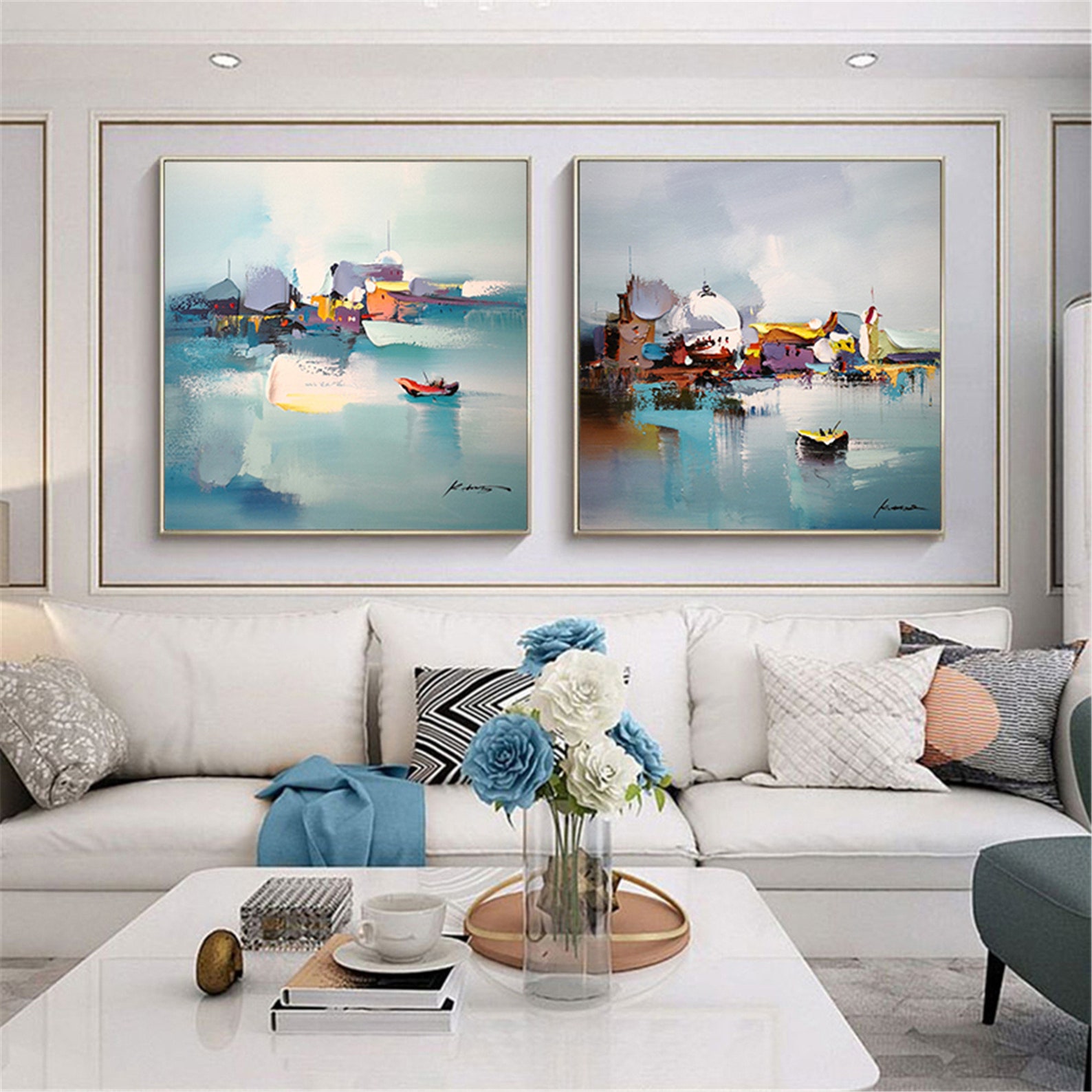 2 pieces teal color abstract framed painting canvas wall art Etsy