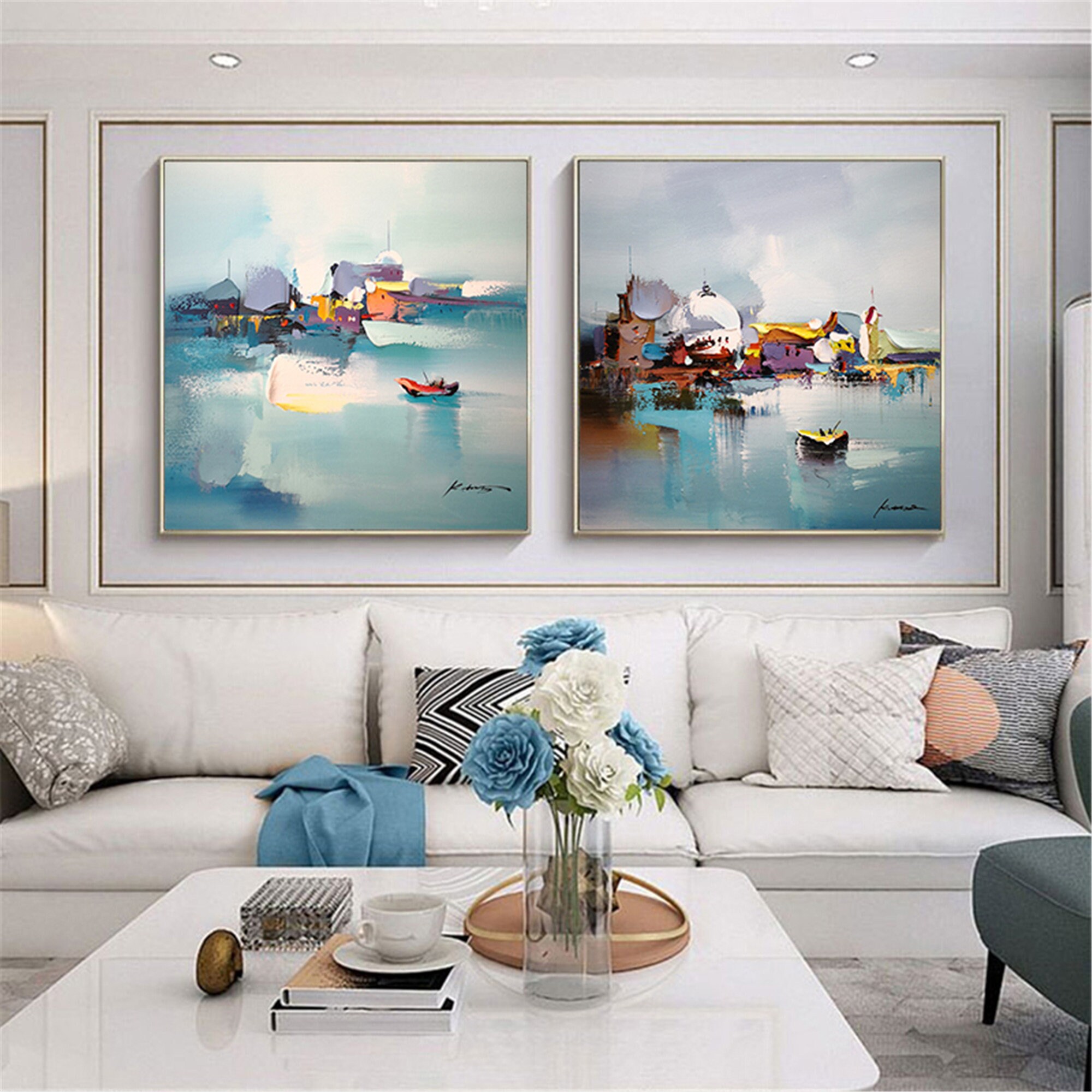 2 pieces teal color abstract framed painting canvas wall art Etsy