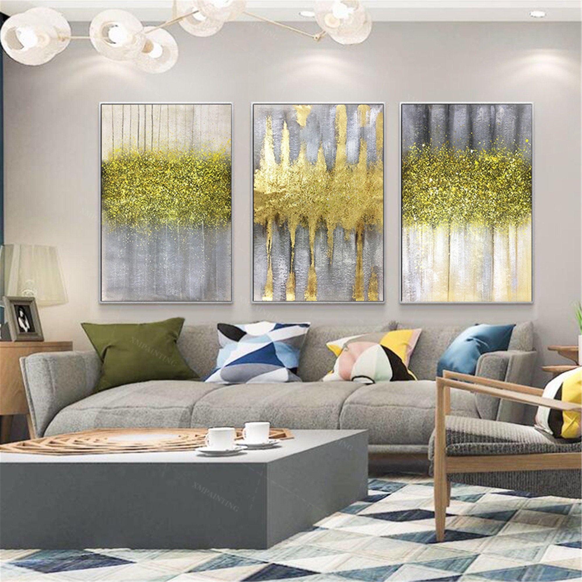 3 pieces gold art abstract framed painting canvas wall art Etsy