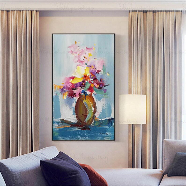 Light blue Abstract flower painting wall art pictures for Etsy