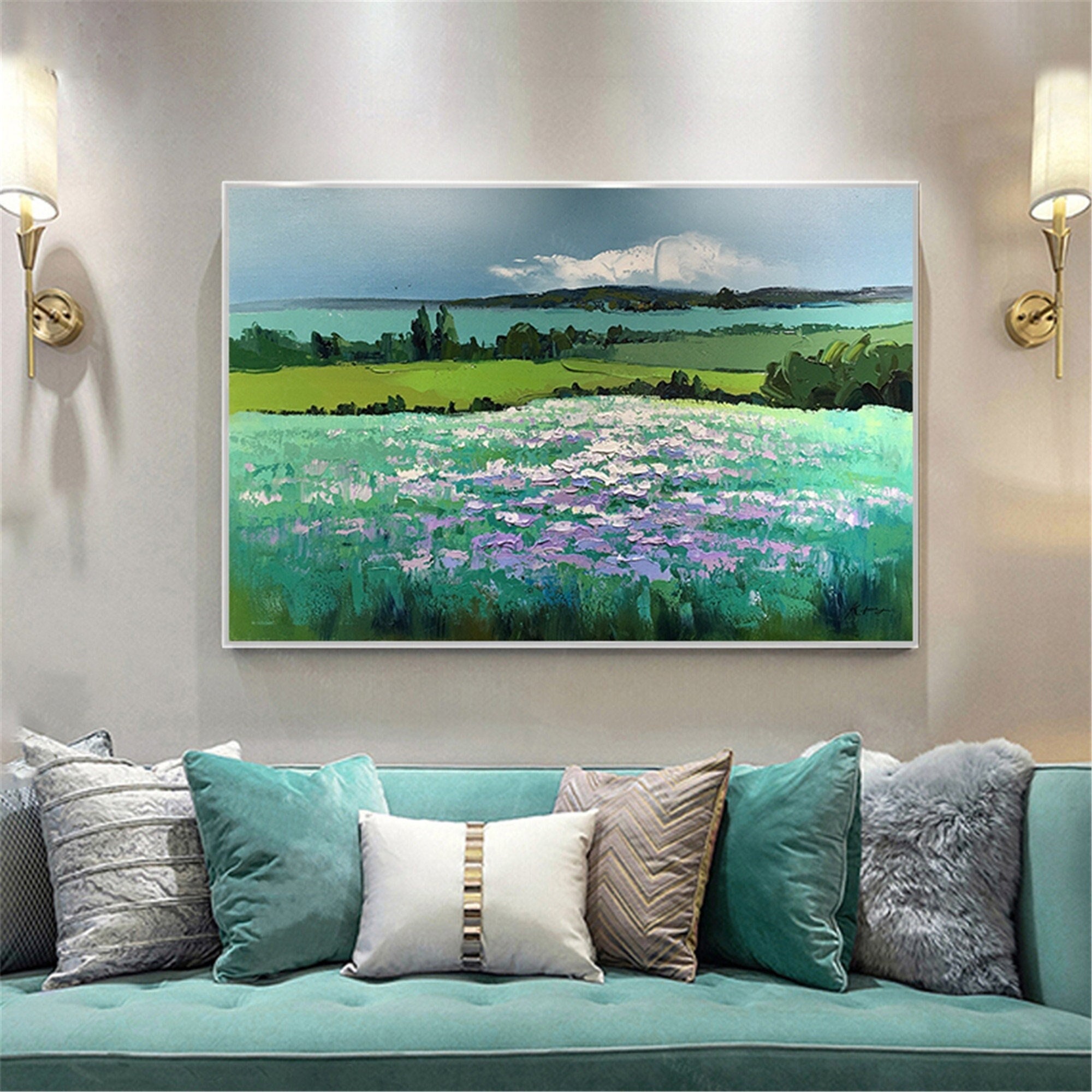Green Landscape Abstract Painting Framed Canvas Wall Art for - Etsy