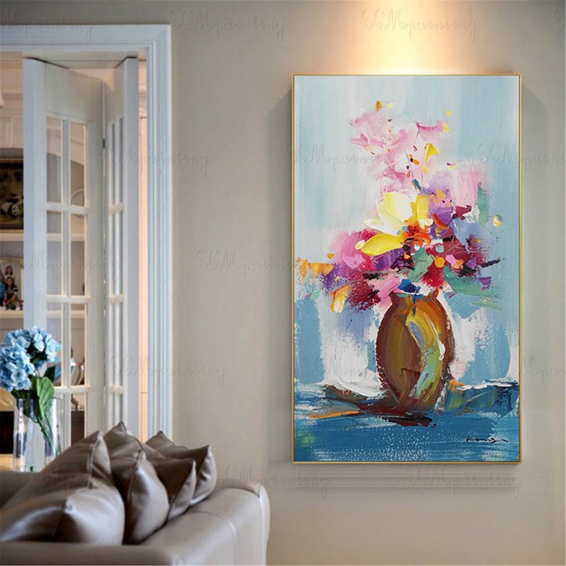 Light blue Abstract flower painting wall art pictures for Etsy