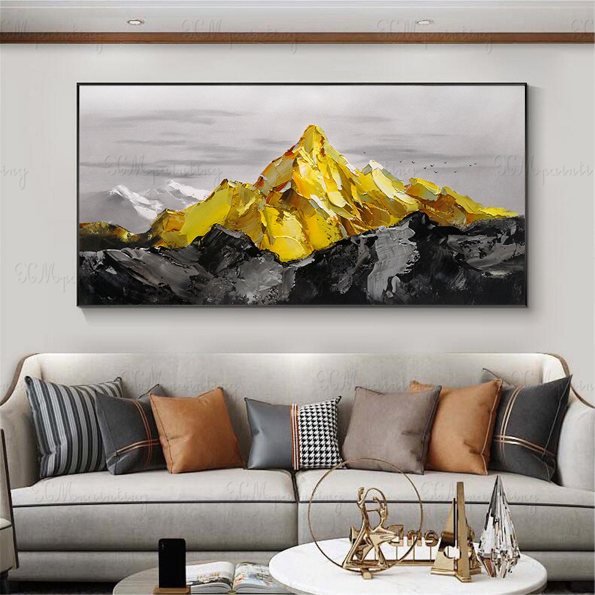 Gold art abstract mountain painting wall art picture for Etsy