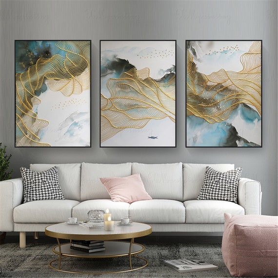 3 pieces gold lines abstract painting canvas wall art pictures | Etsy