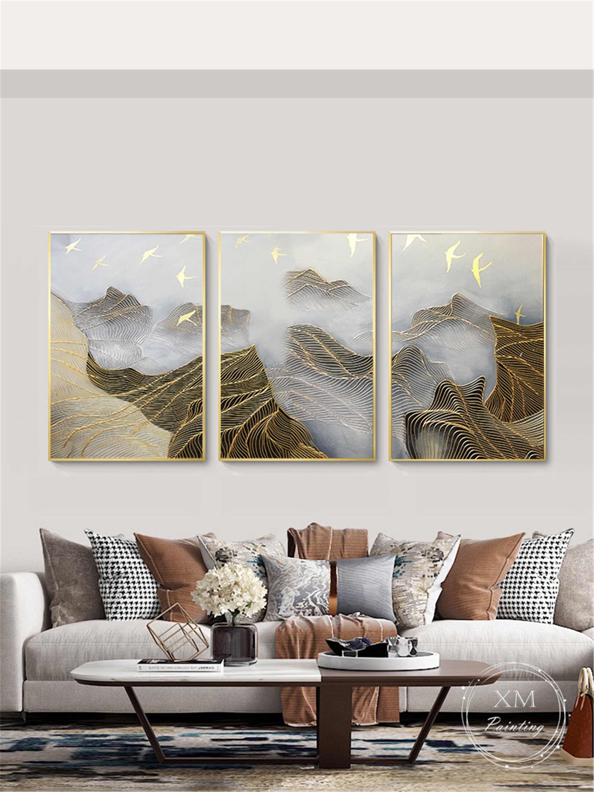 3 stücke gold linien abstrakte malerei auf leinwand wand kunst gerahmt für  wohnzimmer wanddekor schlafzimmer home original acryl hellblau kunstwerk