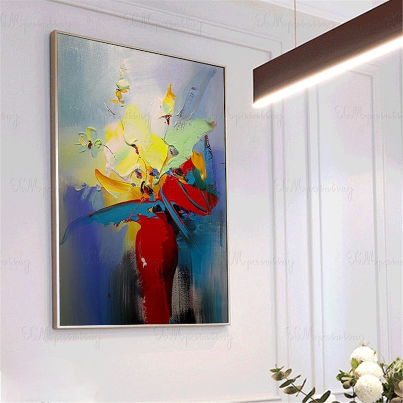 Navy Blue Flowers Abstract Painting Framed Canvas Wall Art for Etsy