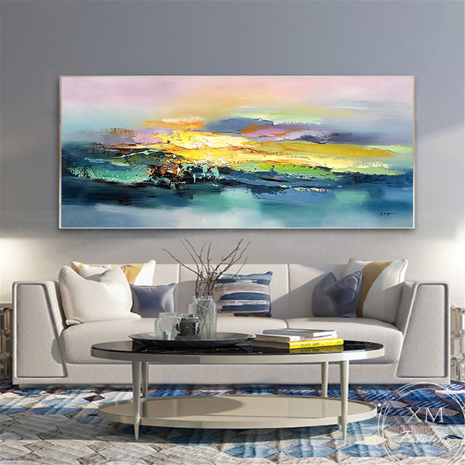 Modern abstract oil painting art design Orange gold blue | Premium AI