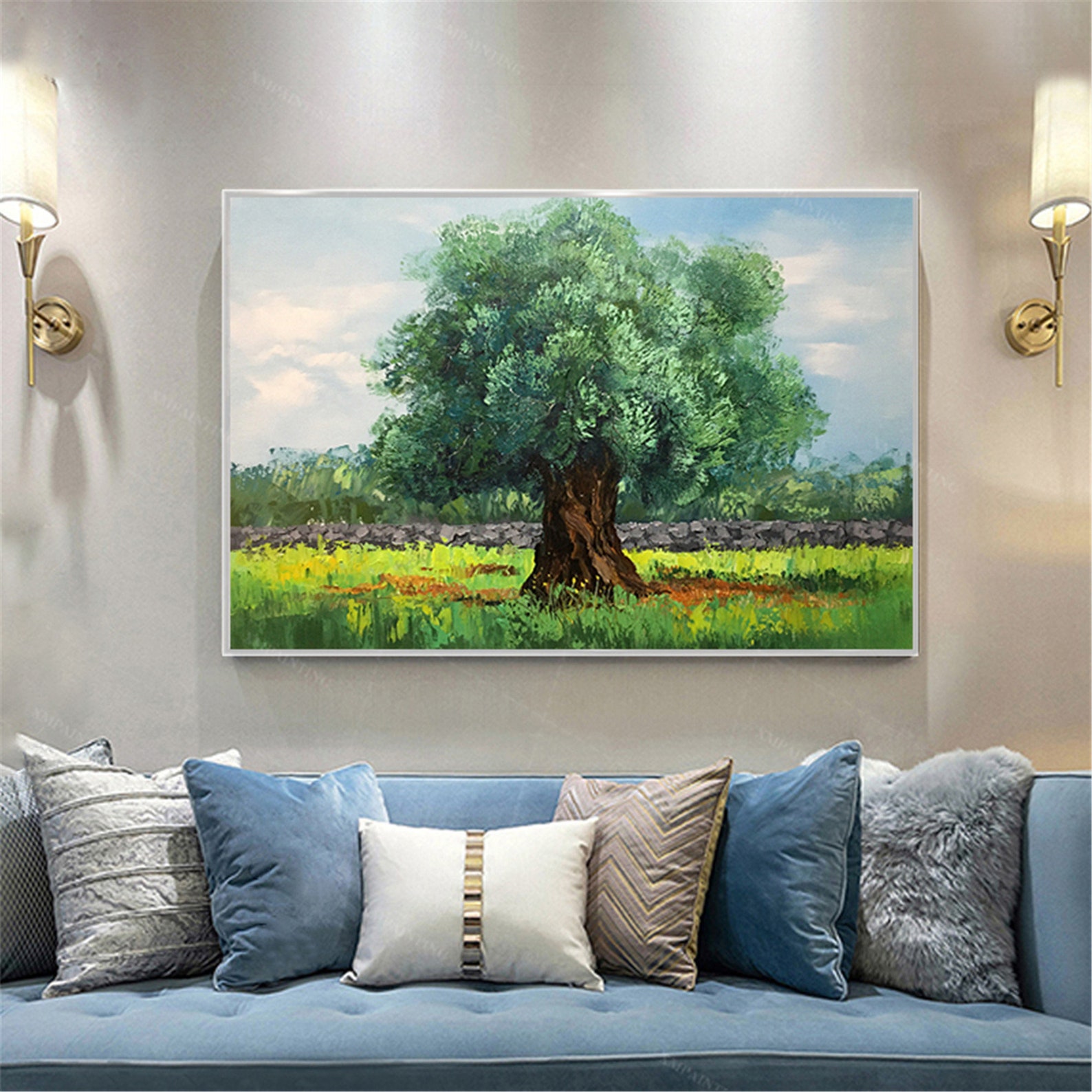 Green olive tree Abstract painting canvas wall art picture for Etsy
