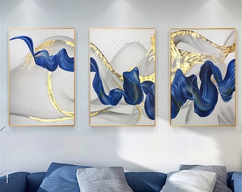 3 pieces gold leaf abstract painting on canvas wall decor navy blue wall art for living room bedroom office handmade acrylic modern art