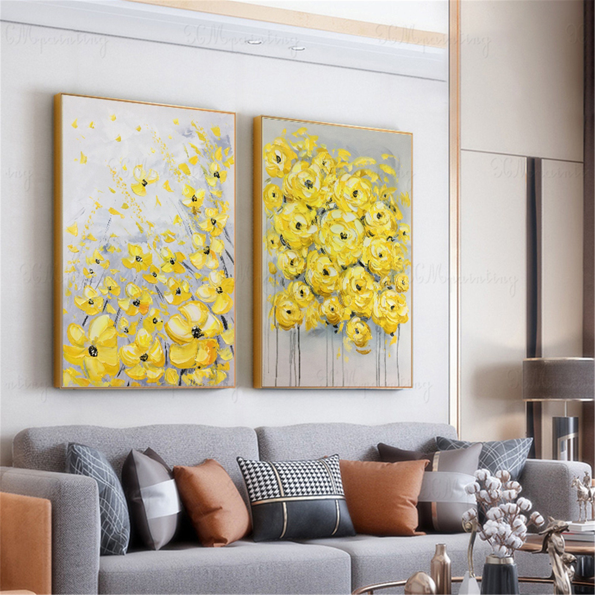 2 Pieces Yellow Flower Framed Abstract Painting Canvas Wall Etsy