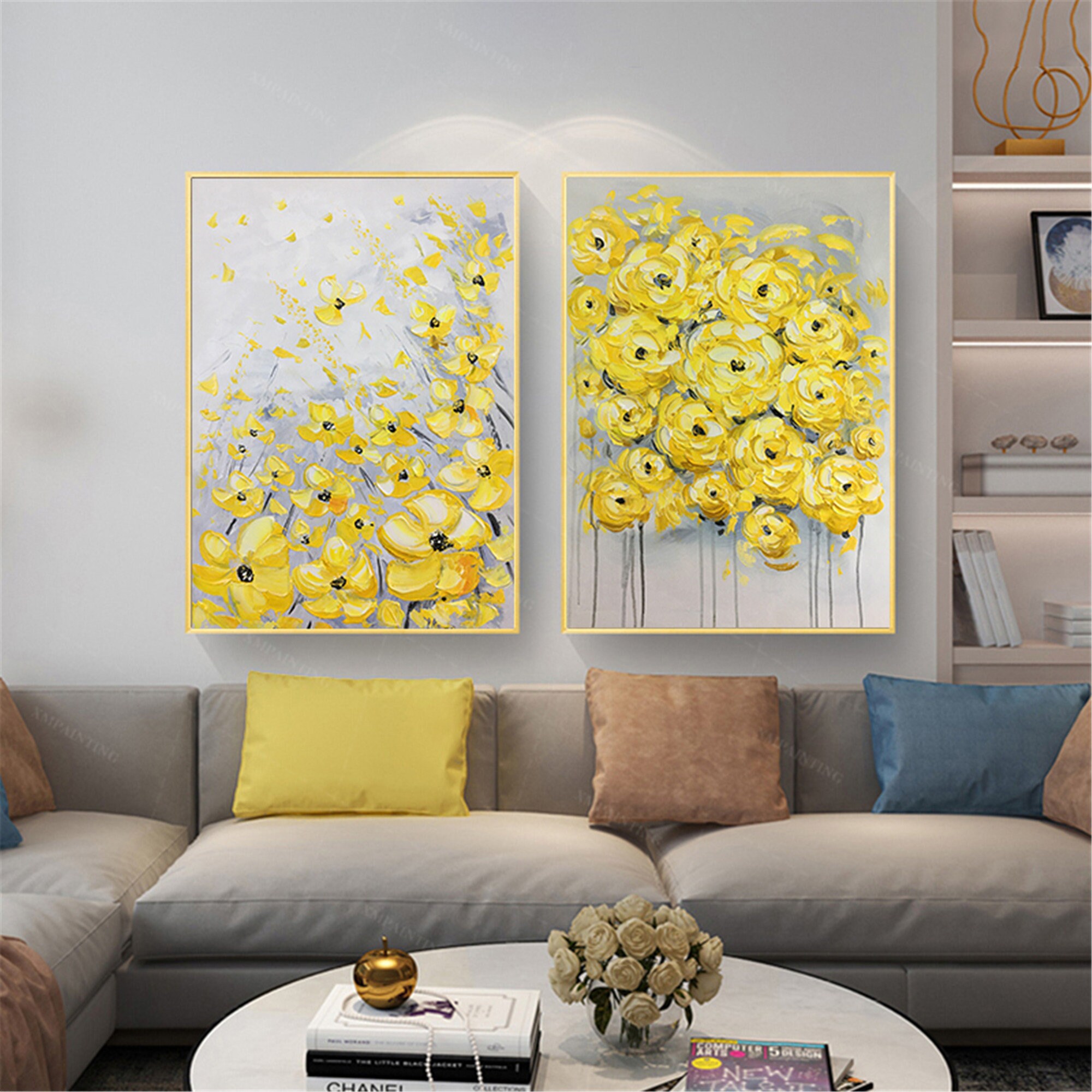 2 Pieces Yellow Flower Framed Abstract Painting Canvas Wall Etsy
