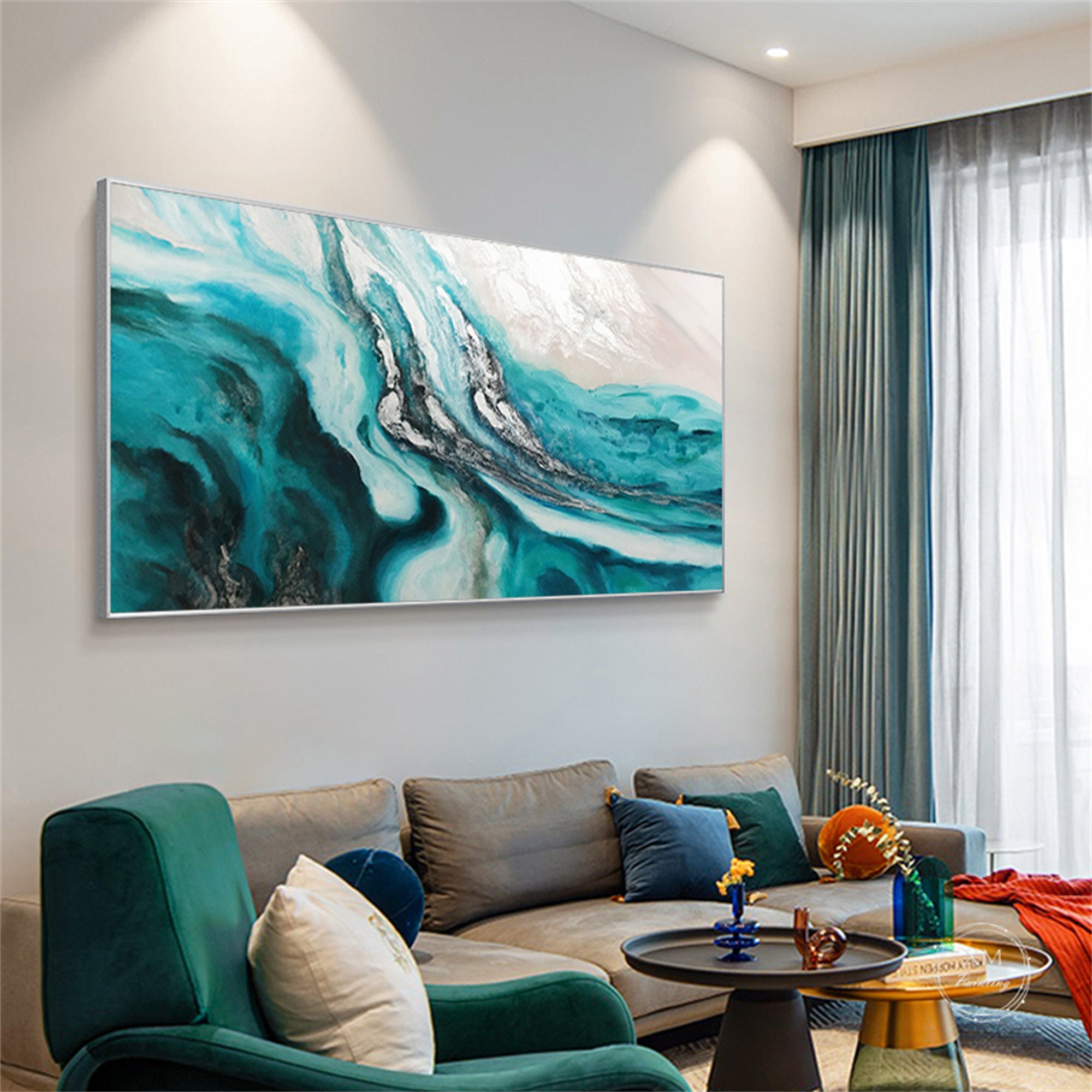 Abstract Painting Teal Canvas Wall Art for Living Room Wall Etsy